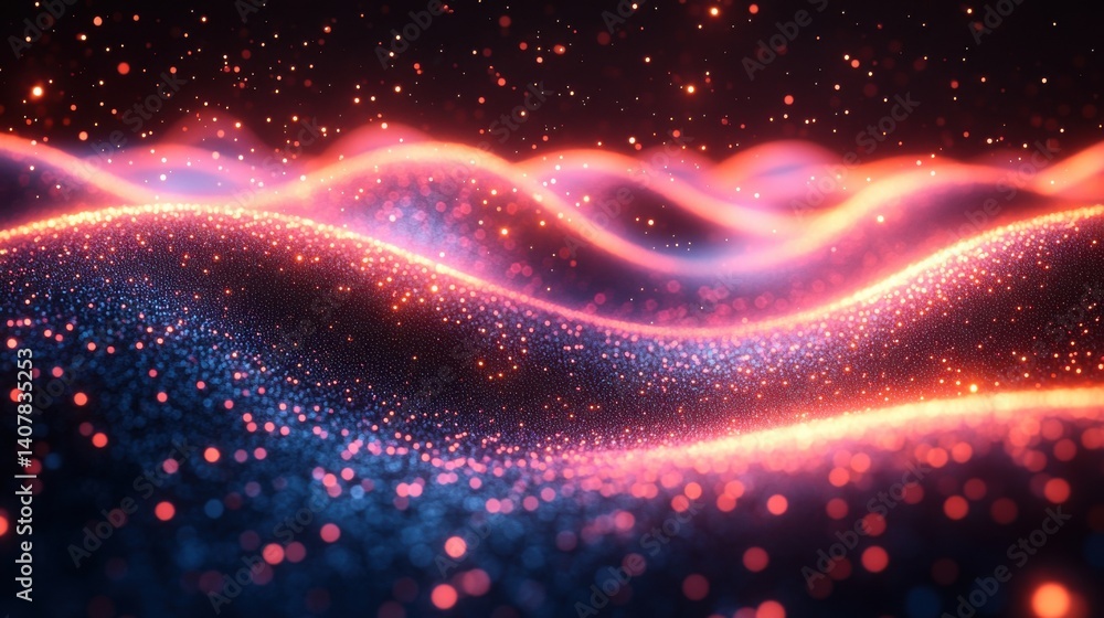 Poster abstract digital background with glowing lines particles and bokeh effect futuristic technology with vibrant pink orange and blue colors ideal for tech science and innovation themes,photo stock