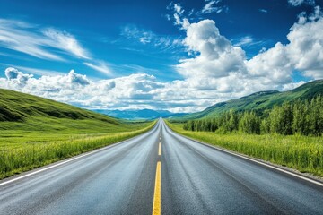 Naklejka premium Stunning long road stretches through green hills under a bright blue sky filled with clouds