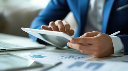 Business professional using a tablet computer for data analysis.