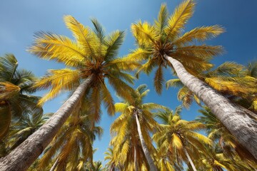 Fototapeta premium Majestic palm trees reaching towards the bright blue sky in a tropical paradise during the sunny afternoon