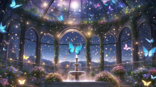夜空と泉と蝶の風景