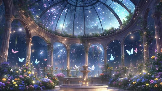 夜空と泉と蝶の風景