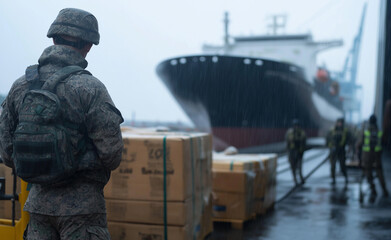Soldier standing near cargo boxes at a port with a large ship docked, symbolizing military logistics, transportation, and deployment operations.

