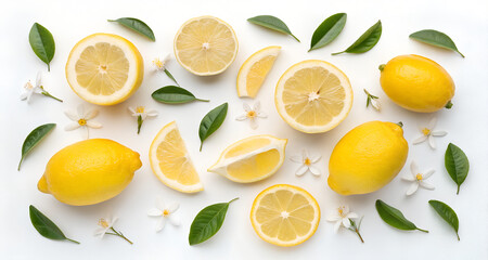 sliced lemon with green leaf isolated on white background