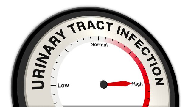 Urinary Tract Infection text or word with a barometer or tachometer-style gauge, illustrating varying levels of severity, symptoms, and bacterial growth