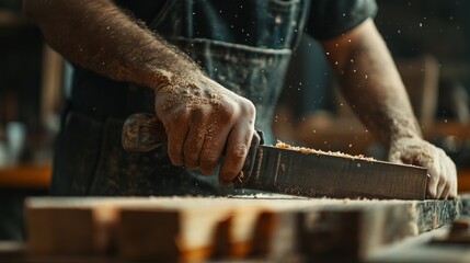Carpenter cutting wood with a saw in a workshop. Featuring focus and craftsmanship