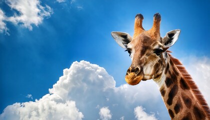 Obraz premium majestic giraffe gazing curiously against bright blue sky with clouds