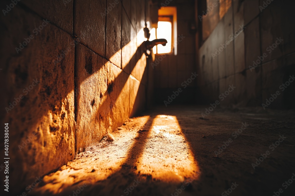 Poster light streams through a window illuminating the floor of an old, rustic building in warm tones durin