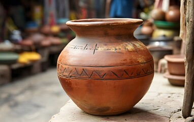 A beautifully crafted clay pot showcasing intricate patterns, placed in a vibrant market filled with artisanal goods, representing rich cultural heritage and traditional craftsmans