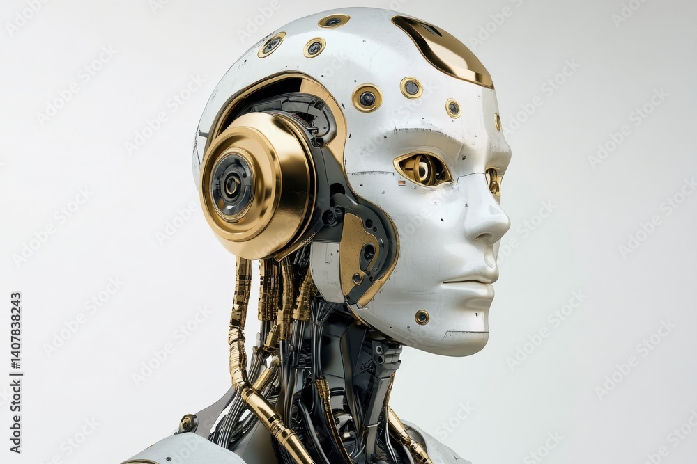 Poster sophisticated humanoid robot with intricate design and metallic features