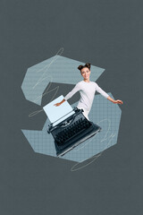 Creative abstract collage of person stand near type writer on dark background