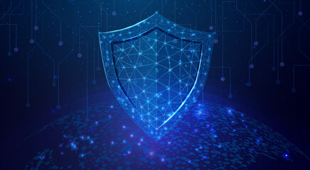 Futuristic map of the planet with wireframe low poly shield. World globalization internet and technology, cyber security. Abstract background with glowing planet Earth. Vector illustration.