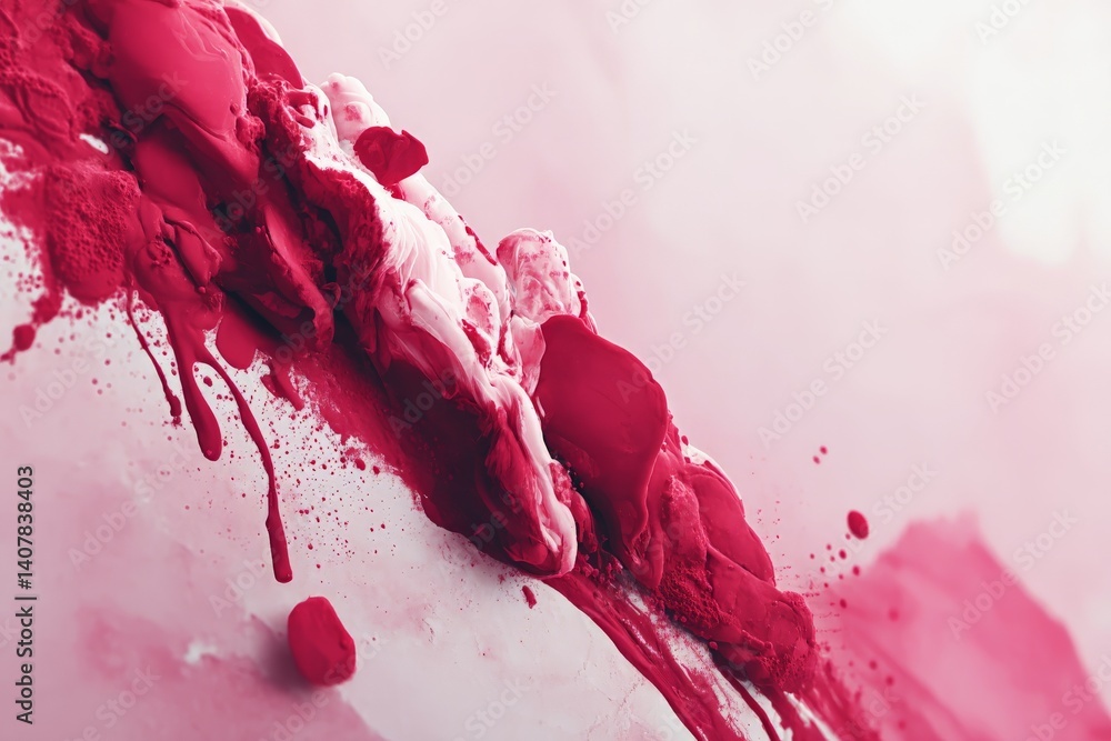 Poster artistic creation with vibrant red paint texture on a light background during daytime