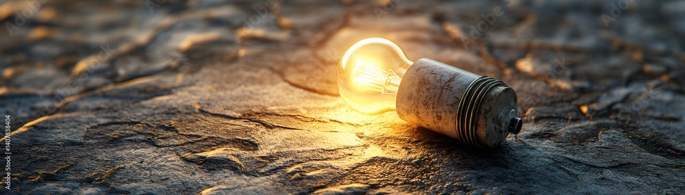 Poster a close-up view of a glowing light bulb on textured ground, showcasing the interplay of light and sh