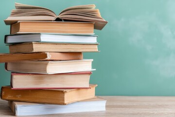 Fototapeta premium Stack of vintage books with open book on top symbolizing learning