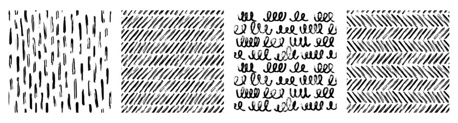 Set Aesthetic Contemporary printable seamless pattern with abstract line, dot, shape brush stroke in black and white colors. Boho background in minimalist style Illustration for wallpaper fabric