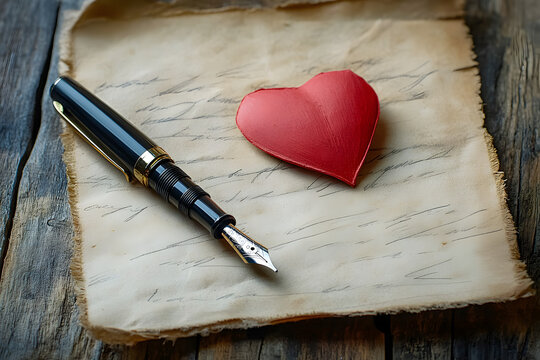 papier &agrave; lettre de type parchemin avec stylo &agrave; plume sur table en bois, petit c&oelig;ur rouge pos&eacute;s sur la table