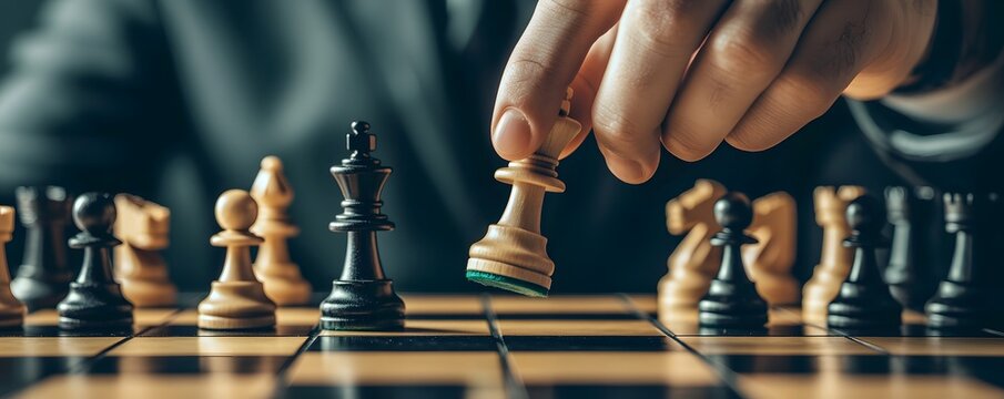 A close-up view of a strategic chess game in progress, showcasing a player's hand moving a pawn. The scene is intense, highlighting concentration, strategy, and mental skill.