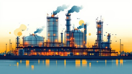 Obraz premium Industrial landscape at sunset with smokestacks emitting smoke and glowing lights reflecting on water