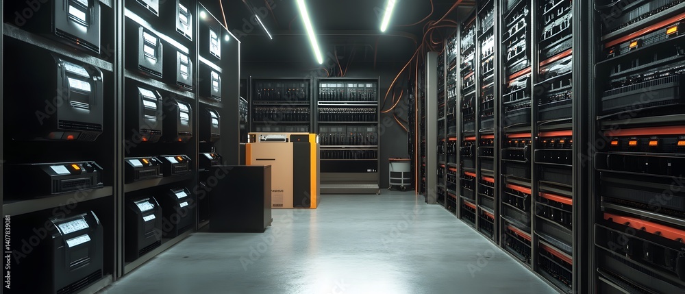 Aufkleber a modern data center filled with rows of server racks, illuminated by sleek overhead lights