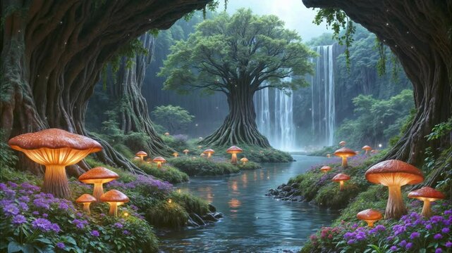 きのこと川と森の風景