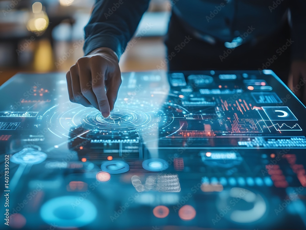 Poster a professional interacts with an advanced holographic interface, showcasing dynamic data and innovat