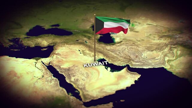 The Flag of Kuwait on the World Map, Kuwait map with flag 3d animation