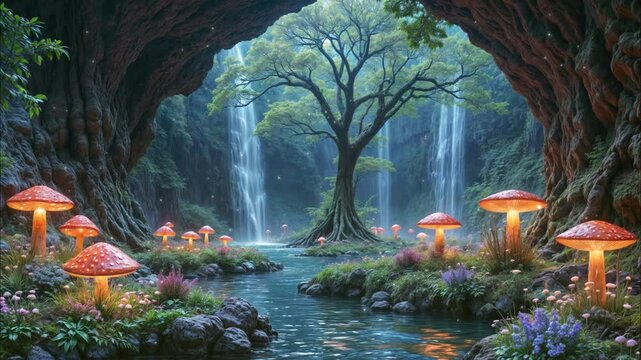 きのこと川と森の風景