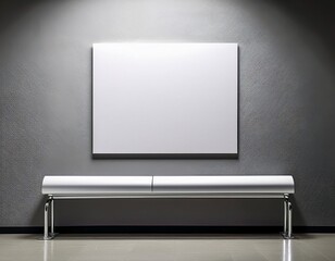 art exhibition with a blank canvas on a pearl grey wall and metallic bench below