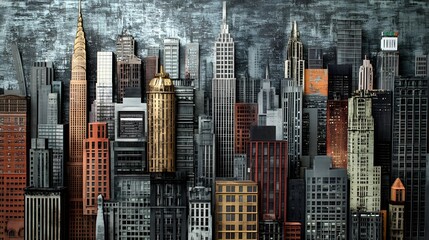 Obraz premium A stunning aerial view of a vibrant city skyline showcasing diverse architectural styles, from historic skyscrapers to modern structures, set against a dramatic sky.