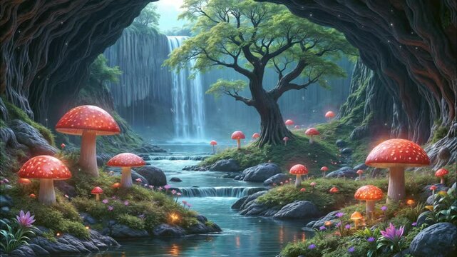 きのこと川と森の風景