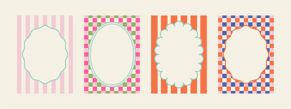Set of spring whimsical hand-drawn pink blue orange green color frames with wavy stripes and line in trendy, vintage styles. Perfect for quirky holiday, wedding, birthday gift decorations.