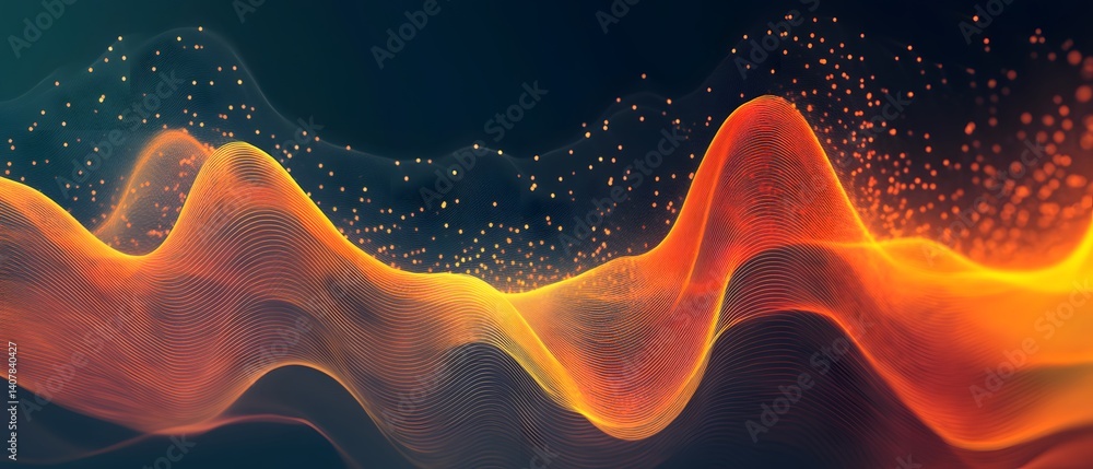 Poster a vibrant and dynamic abstract design with waves of orange, glowing particles, and fluid motion, per