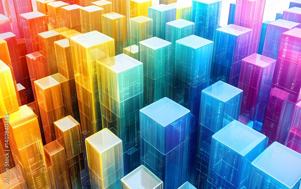 Poster a vibrant array of translucent geometric shapes in bright colors creates a dynamic visual representa
