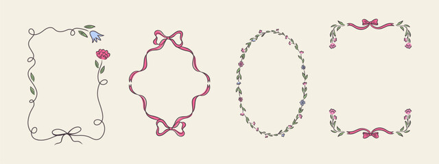 Set of spring whimsical hand-drawn pink blue orange green color frames with flowers and bows in trendy, vintage styles. Perfect for quirky holiday, wedding, birthday gift decorations.