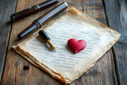 papier &agrave; lettre de type parchemin avec stylo &agrave; plume sur table en bois, petit c&oelig;ur rouge pos&eacute;s sur la table