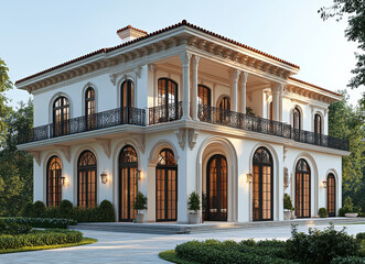 Fototapeta premium Elegant Mediterranean Style Luxury Villa with Arched Windows and Balconies Surrounded by Lush Greenery in Daylight