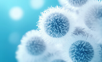 Microscopic view of fuzzy blue and white spherical cells or viruses on a soft blue background.
