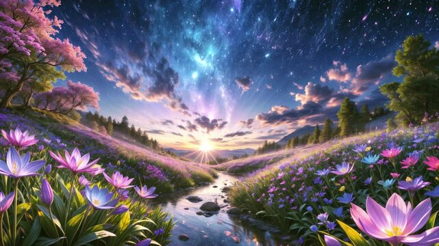 花畑と夜空と川の風景