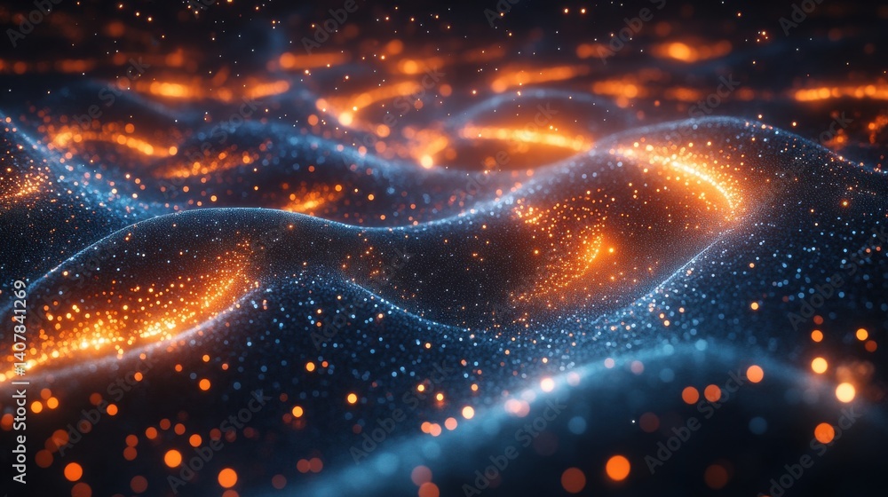 Poster abstract tech network data connections with orange blue glowing dots lines artificial intelligence neural network machine learning cloud computing digital transformation strategies