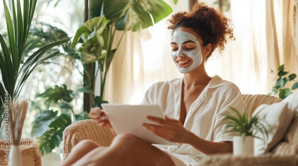 Poster relaxing at home while using a facial mask and browsing on a tablet in a cozy indoor setting