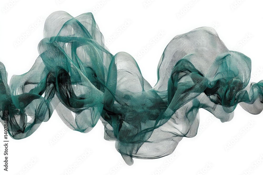 Poster abstract flow of green mesh fabric creates mesmerizing patterns in a soft, airy composition against 