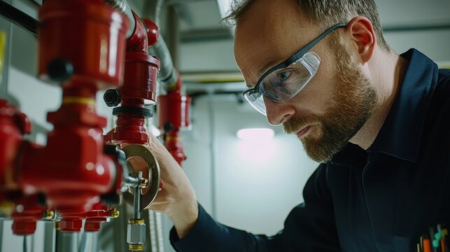 Fire protection specialist inspecting a sprinkler system installation. Featuring safety and fire prevention