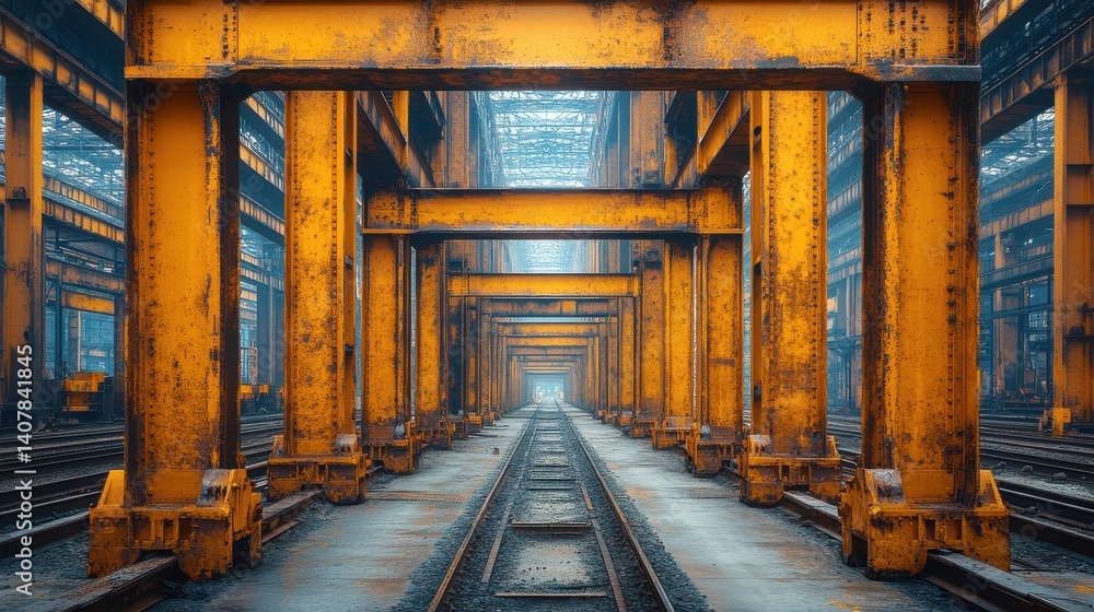 Poster abstract view of steel beams and metal structures in an industrial setting representing engineering 