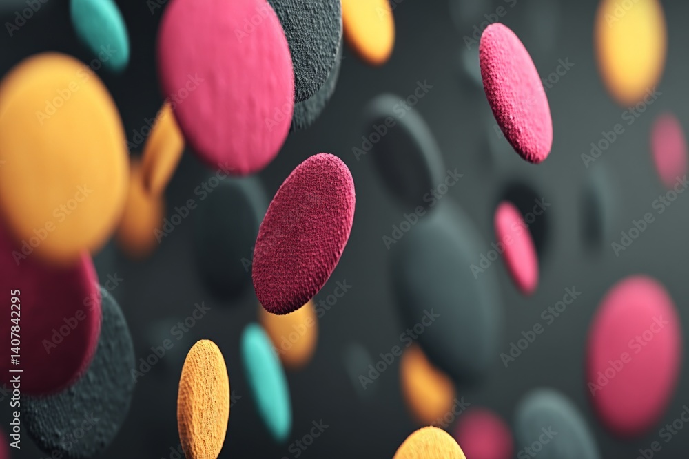Poster colorful 3d circles floating in space with vibrant colors and various textures providing an abstract