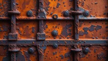 Close-up of rusted metal with bolted connections; grungy, industrial aesthetic