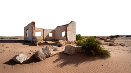 Deserted Structure Amidst Sands: The skeletal remains of a weathered building stand resolute amidst the undulating dunes of a vast desert landscape, a poignant reminder of time's passage.