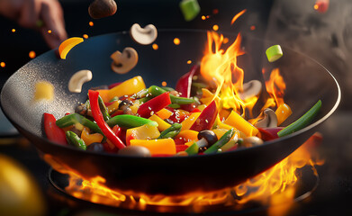 Stir-fry vegetables in a flaming wok with colorful peppers, mushrooms, and green beans, capturing dynamic cooking and healthy cuisine.