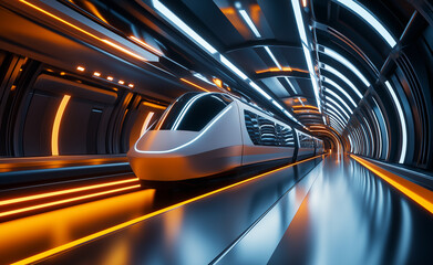 Fototapeta premium A futuristic high-speed train inside a glowing tunnel with dynamic lighting, emphasizing modern transportation and urban movement.
