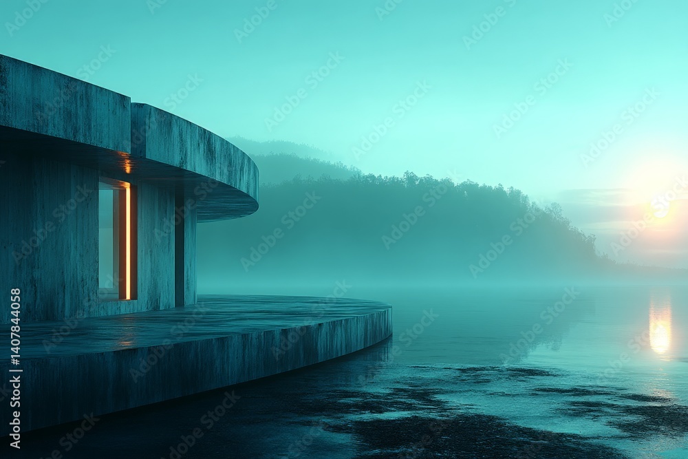Poster mysterious lakeside structure at dawn with mist and reflections in a tranquil landscape